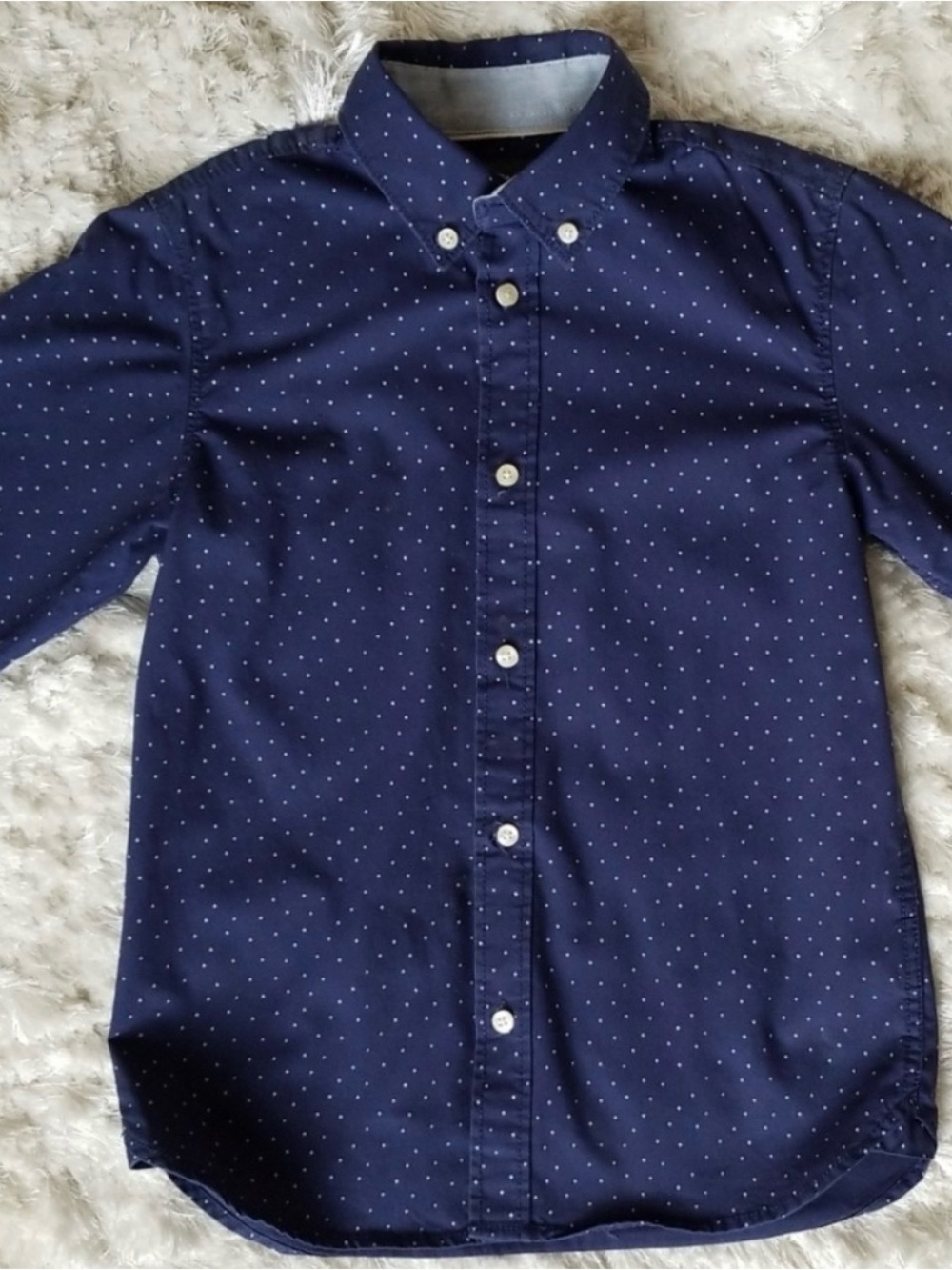 H&M Navy Blue Button-Up Shirt with White Micro Dots